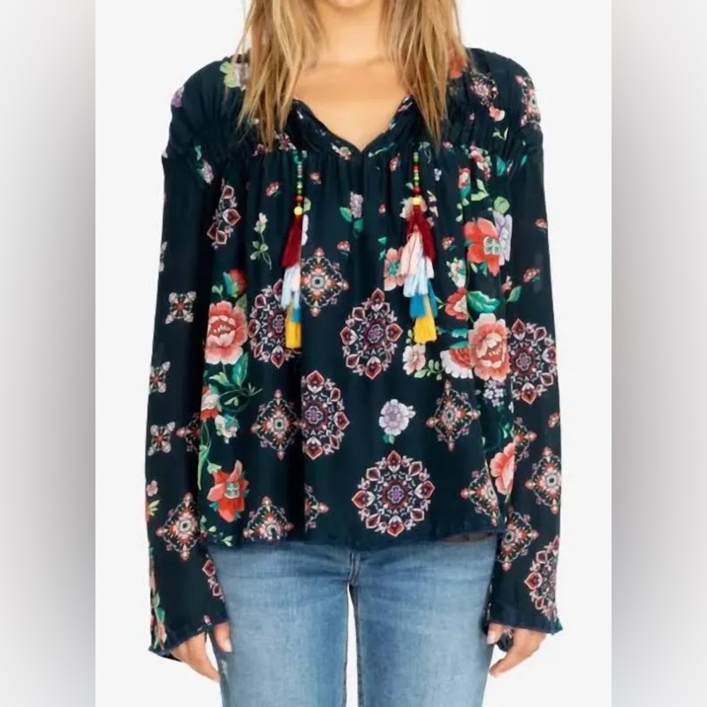 Johnny Was Harley Boho Peasant Floral Top w/ Colorful Tassels